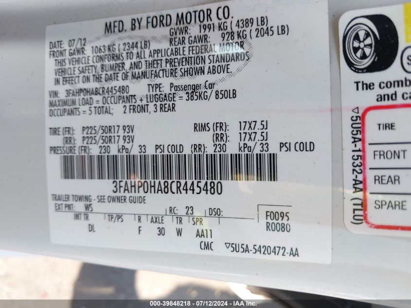 2012 Ford Fusion Se VIN: 3FAHP0HA8CR445480 Lot: 39848218