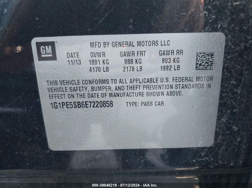 2014 Chevrolet Cruze Lt VIN: 1G1PE5SB6E7220858 Lot: 39848219