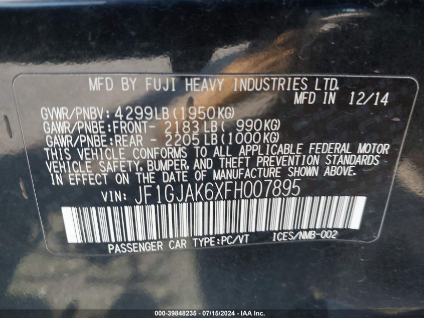 2015 Subaru Impreza 2.0I Premium VIN: JF1GJAK6XFH007895 Lot: 39848235