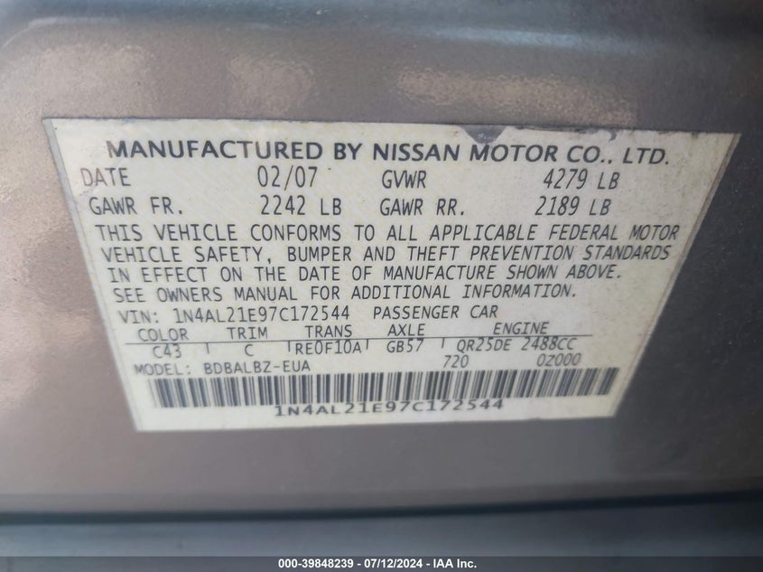 2007 Nissan Altima 2.5 S VIN: 1N4AL21E97C172544 Lot: 39848239