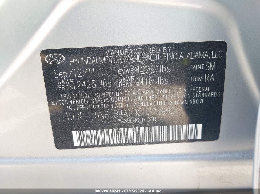 2012 Hyundai Sonata Gls VIN: 5NPEB4AC9CH372993 Lot: 39848241