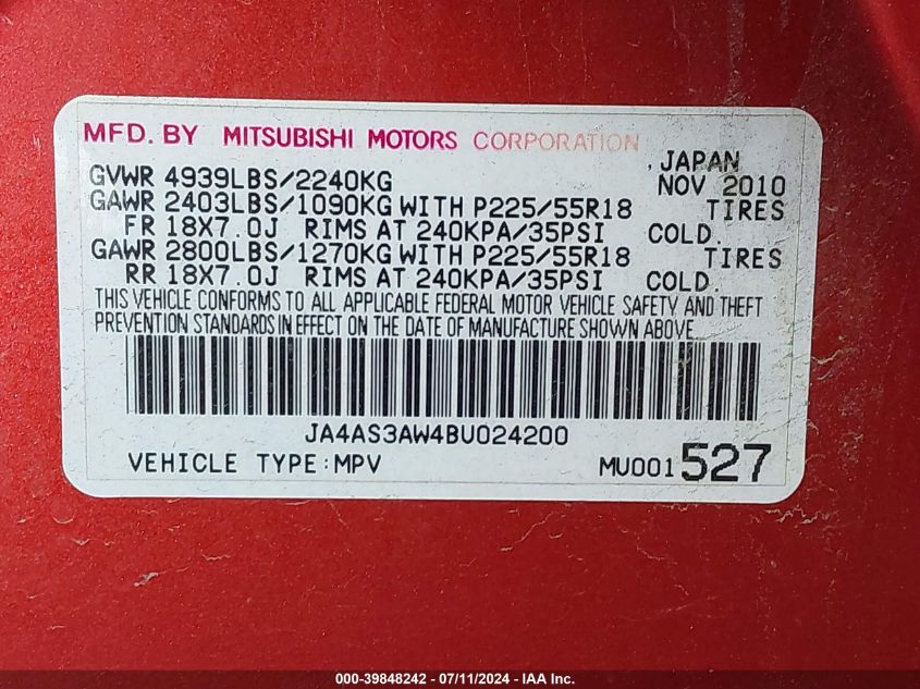 2011 Mitsubishi Outlander Se VIN: JA4AS3AW4BU024200 Lot: 39848242