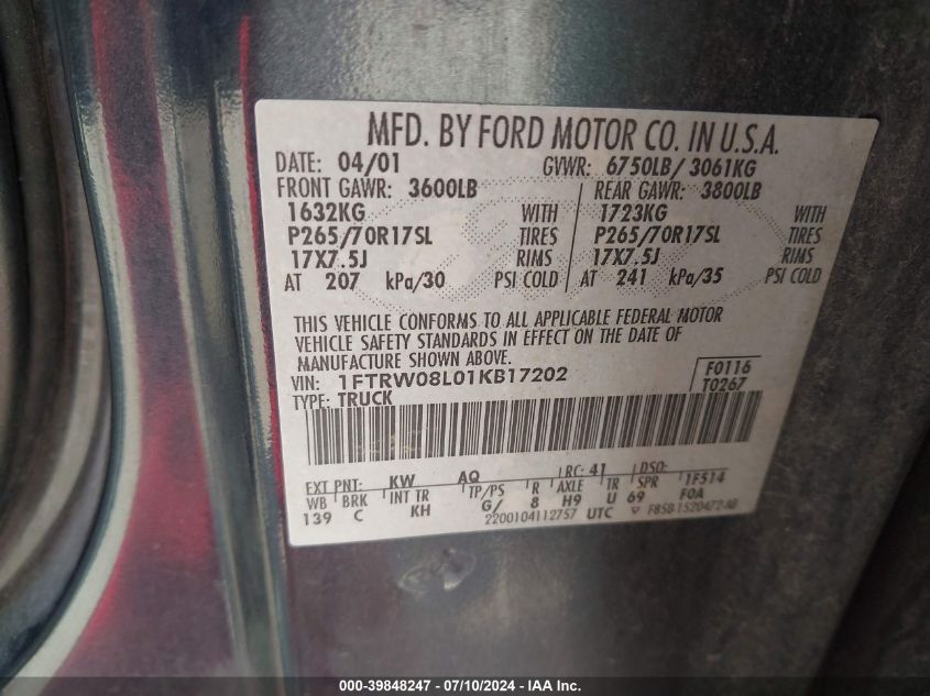 2001 Ford F-150 King Ranch Edition/Lariat/Xlt VIN: 1FTRW08L01KB17202 Lot: 39848247