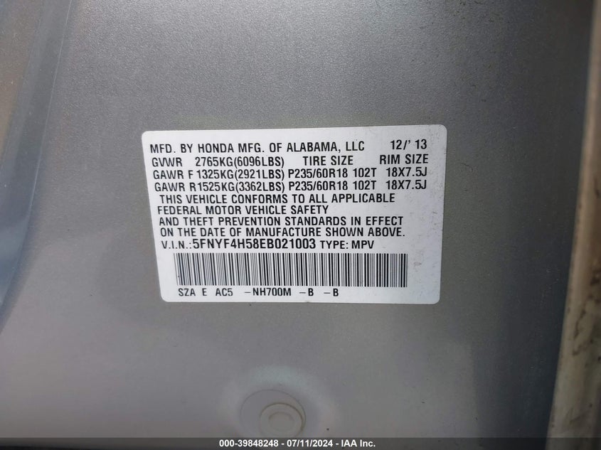 2014 HONDA PILOT EX-L - 5FNYF4H58EB021003