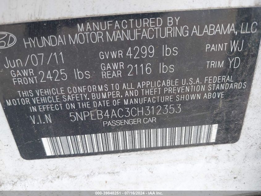 2012 Hyundai Sonata Gls VIN: 5NPEB4AC3CH312353 Lot: 39848251