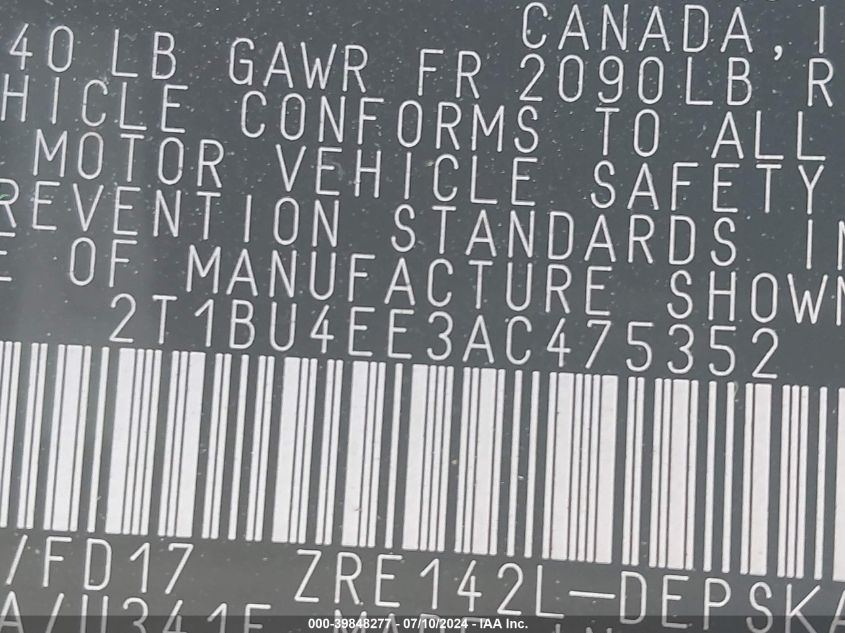 2010 Toyota Corolla S VIN: 2T1BU4EE3AC475352 Lot: 39848277