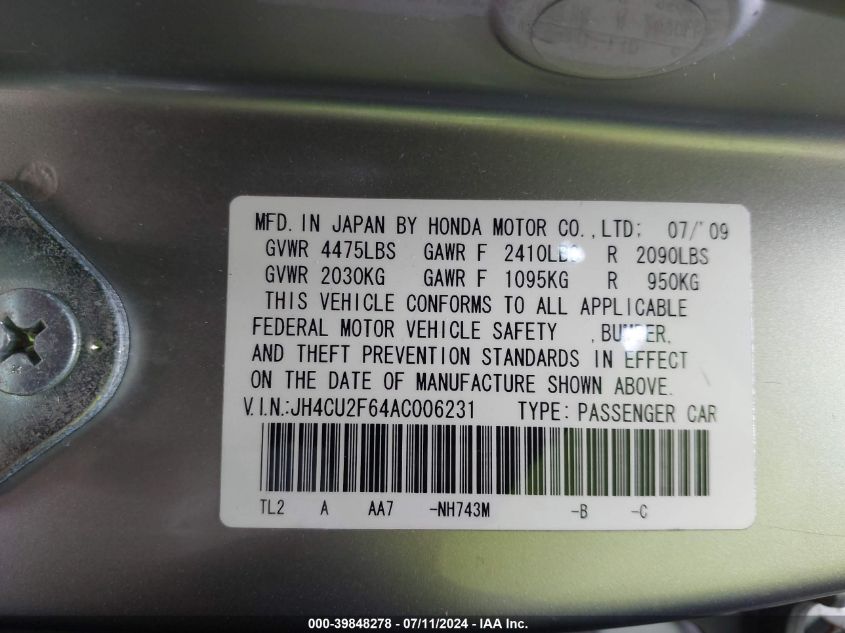 2010 Acura Tsx 2.4 VIN: JH4CU2F64AC006231 Lot: 39848278