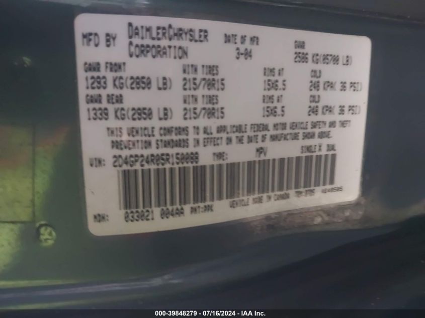 2005 Dodge Grand Caravan Se VIN: 2D4GP24R05R150088 Lot: 39848279