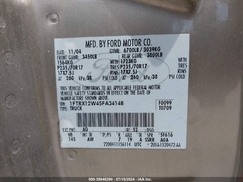 2005 Ford F-150 Stx/Xl/Xlt VIN: 1FTRX12W45FA34148 Lot: 39848290