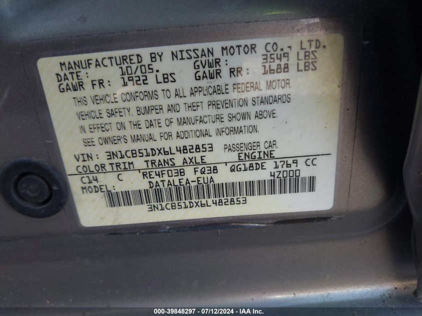 2006 Nissan Sentra 1.8/1.8S VIN: 3N1CB51DX6L482853 Lot: 39848297