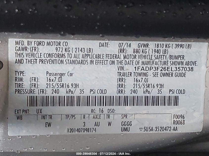 1FADP3F26EL357038 2014 Ford Focus Se