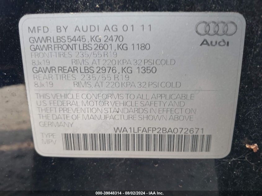 2011 Audi Q5 2.0T Premium VIN: WA1LFAFP2BA072671 Lot: 39848314