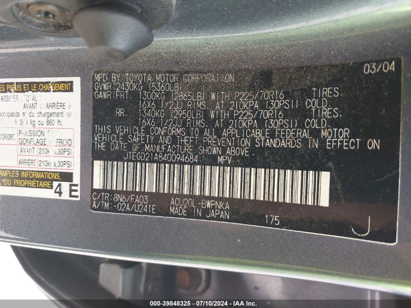 2004 Toyota Highlander VIN: JTEGD21A840094684 Lot: 39848325