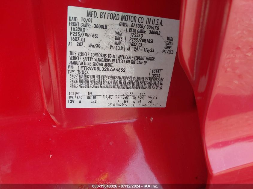 2002 Ford F150 Supercrew VIN: 1FTRW08L32KA66652 Lot: 39848326