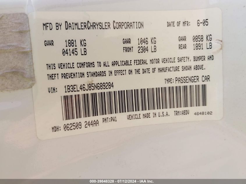 2005 Dodge Stratus Sdn Sxt VIN: 1B3EL46J85N689284 Lot: 39848328