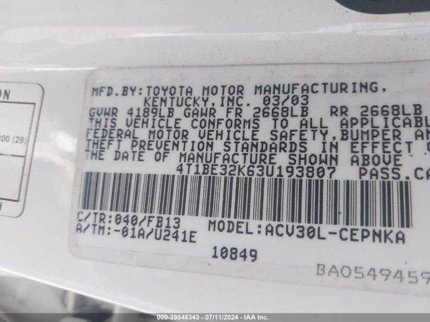 2003 Toyota Camry Le VIN: 4T1BE32K63U193807 Lot: 39848343