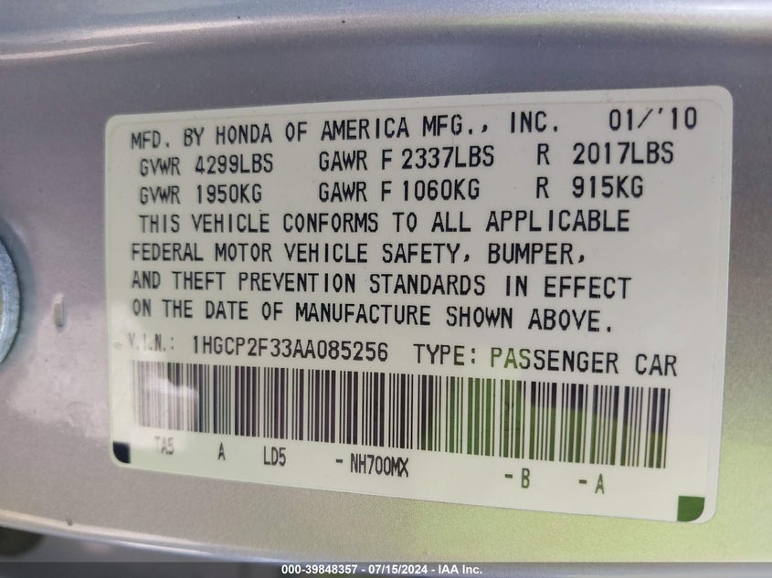 2010 Honda Accord 2.4 Lx VIN: 1HGCP2F33AA085256 Lot: 39848357