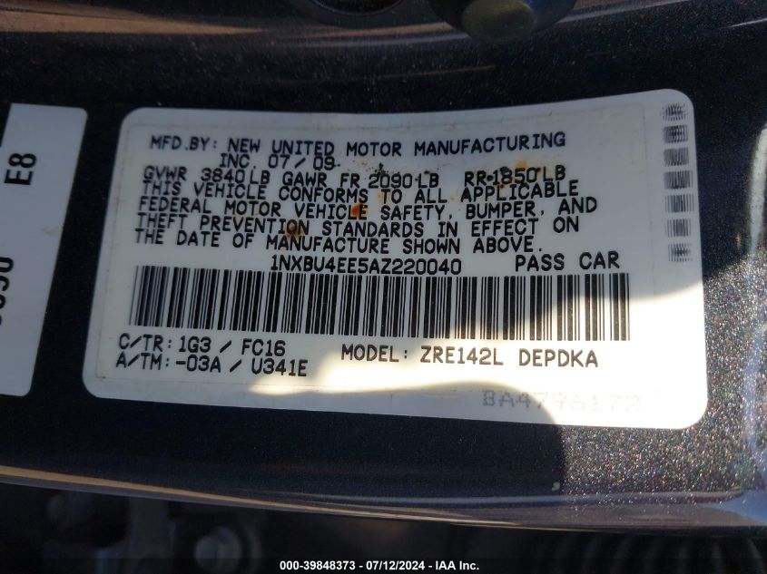 2010 Toyota Corolla S/Le/Xle VIN: 1NXBU4EE5AZ220040 Lot: 39848373