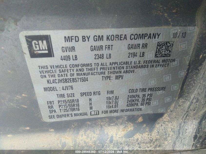 2014 Buick Encore Premium VIN: KL4CJHSB2EB571504 Lot: 39848383