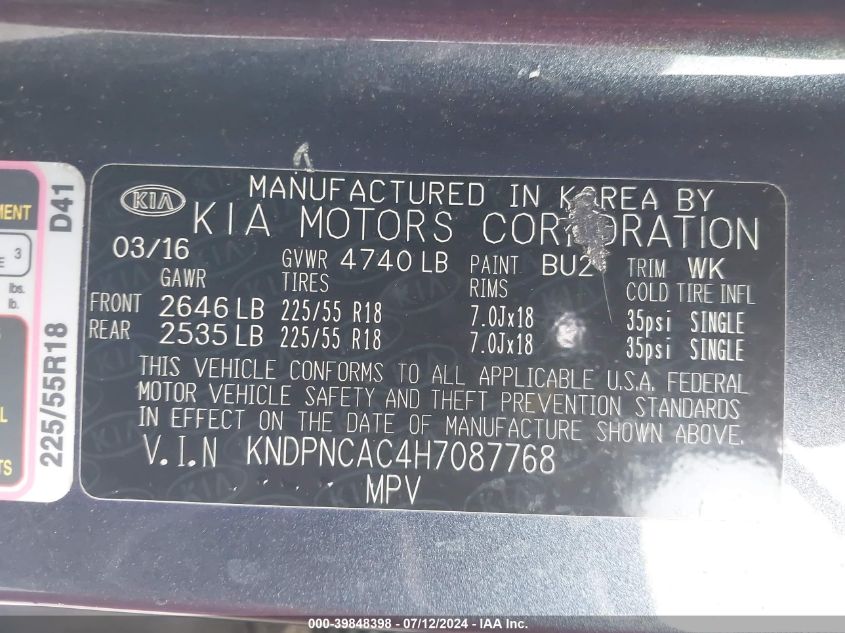 2017 Kia Sportage Ex VIN: KNDPNCAC4H7087768 Lot: 39848398