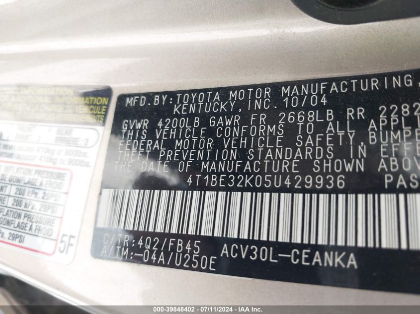 2005 Toyota Camry Le VIN: 4T1BE32K05U429936 Lot: 39848402