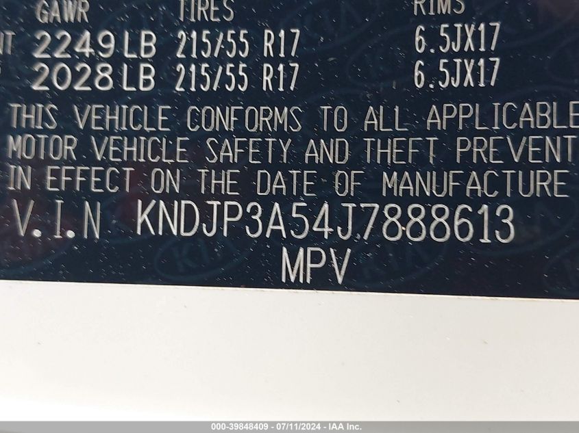 2018 Kia Soul + VIN: KNDJP3A54J7888613 Lot: 39848409