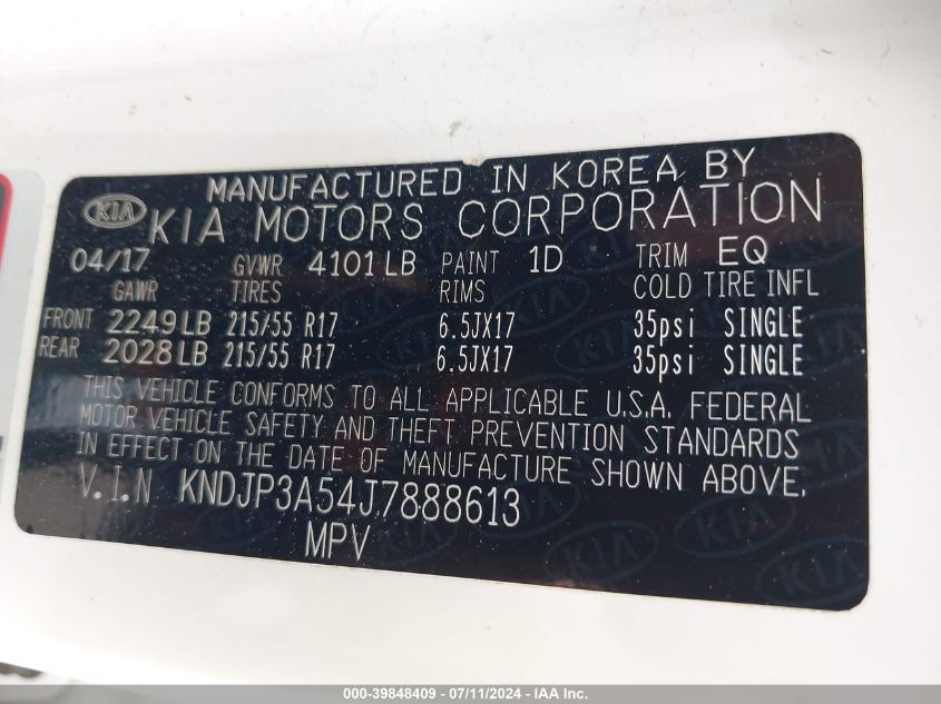 2018 Kia Soul + VIN: KNDJP3A54J7888613 Lot: 39848409