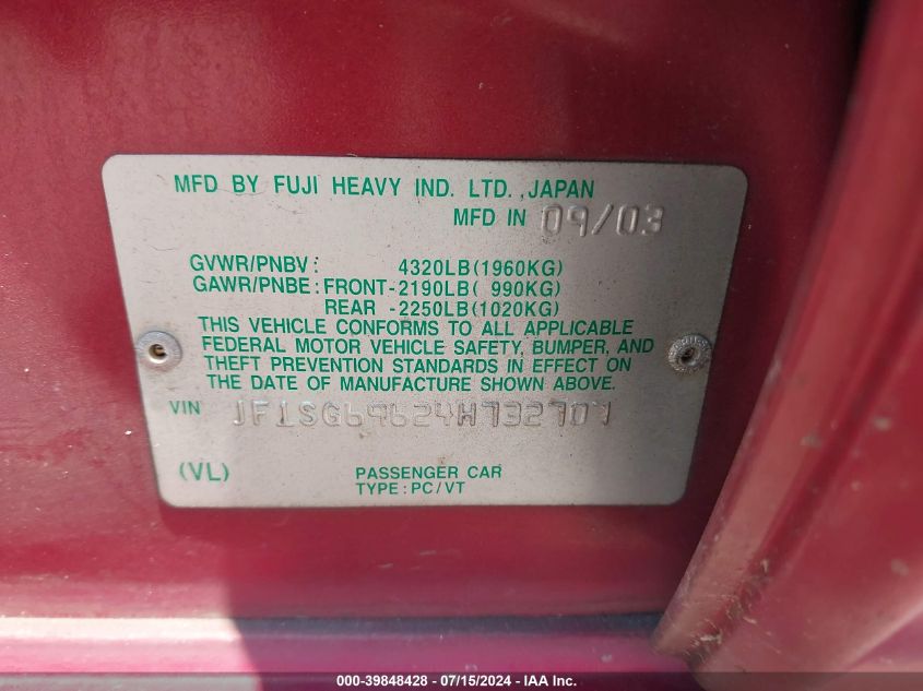 2004 Subaru Forester 2.5Xt VIN: JF1SG69624H732707 Lot: 39848428