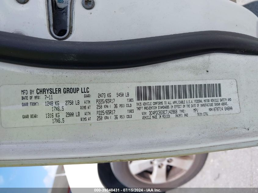 2012 Dodge Journey Sxt VIN: 3C4PDCBG9CT142868 Lot: 39848431