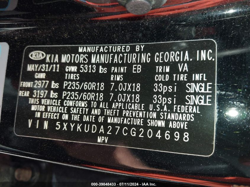 2012 Kia Sorento Ex V6 VIN: 5XYKUDA27CG204698 Lot: 39848433