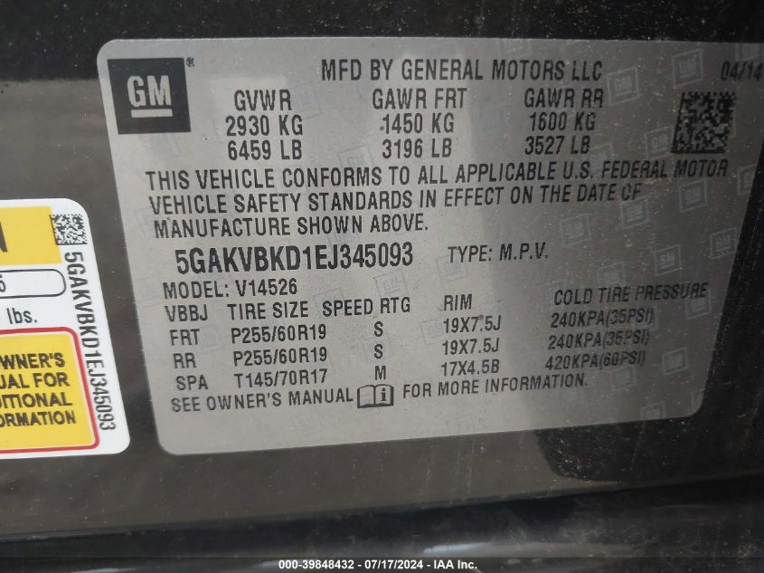 2014 Buick Enclave Leather VIN: 5GAKVBKD1EJ345093 Lot: 39848432