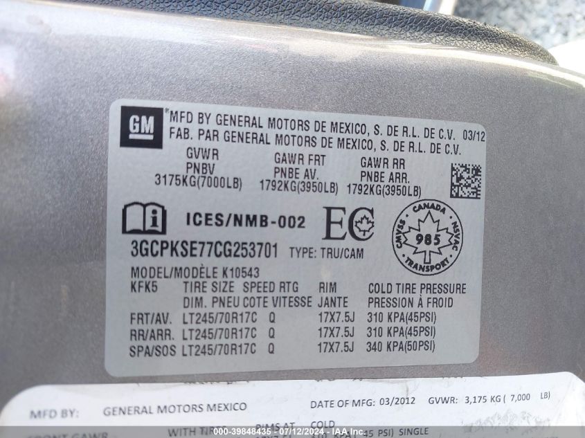 2012 Chevrolet Silverado 1500 Lt VIN: 3GCPKSE77CG253701 Lot: 39848435