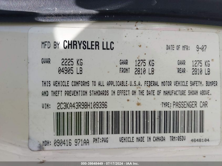 2C3KA43R98H109396 2008 Chrysler 300 Lx