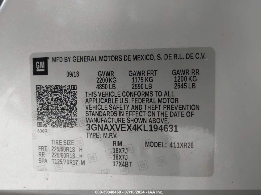 2019 Chevrolet Equinox Lt VIN: 3GNAXVEX4KL194631 Lot: 39848450