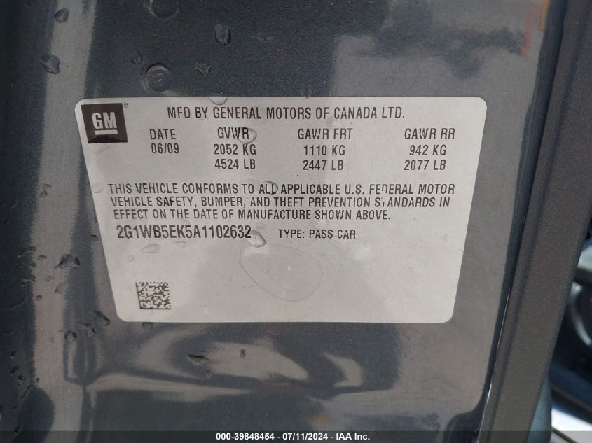 2010 Chevrolet Impala Lt VIN: 2G1WB5EK5A1102632 Lot: 39848454