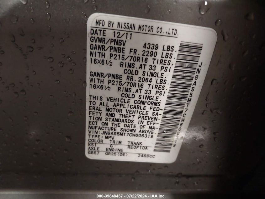 2012 Nissan Rogue S VIN: JN8AS5MT7CW606319 Lot: 39848457