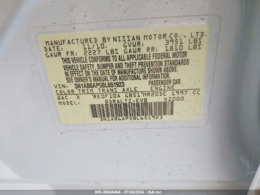 2011 Nissan Sentra 2.0S VIN: 3N1AB6AP5BL651923 Lot: 39848464