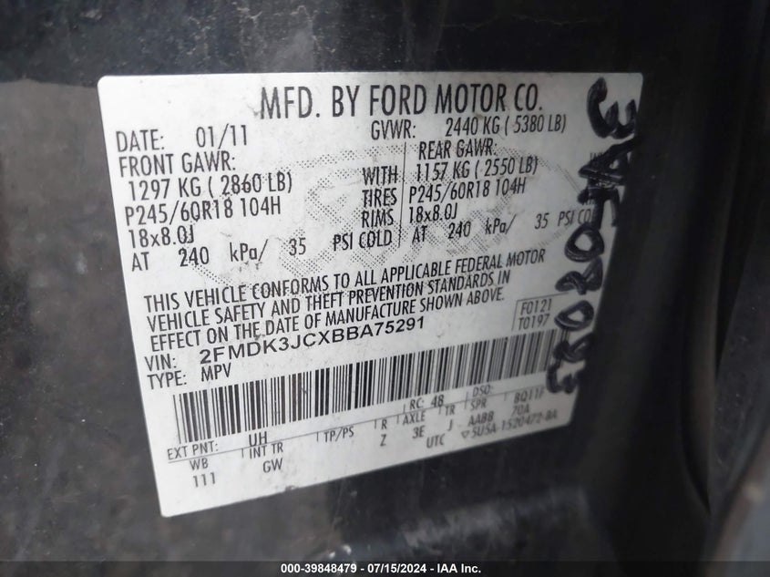 2011 Ford Edge Sel VIN: 2FMDK3JCXBBA75291 Lot: 39848479