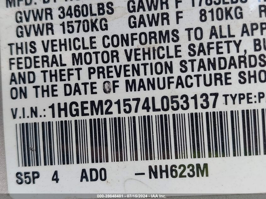 2004 Honda Civic Lx VIN: 1HGEM21574L053137 Lot: 39848481