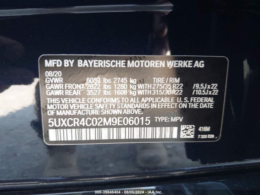 2021 BMW X5 Sdrive40I VIN: 5UXCR4C02M9E06015 Lot: 39848484