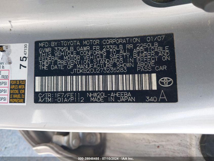 2007 Toyota Prius VIN: JTDKB20U273235283 Lot: 39848485
