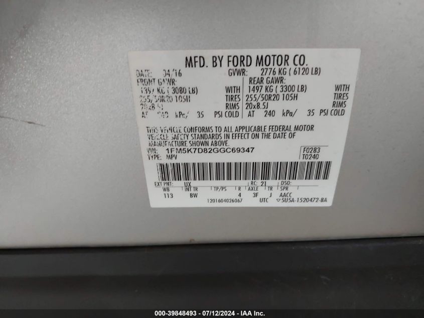 2016 Ford Explorer Xlt VIN: 1FM5K7D82GGC69347 Lot: 39848493