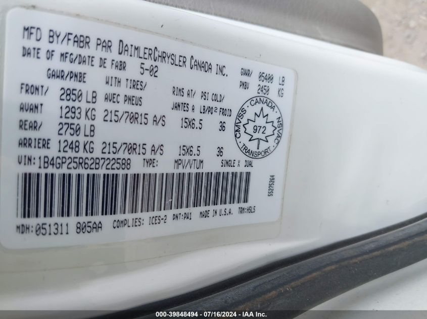 2002 Dodge Caravan Se VIN: 1B4GP25R62B722588 Lot: 39848494