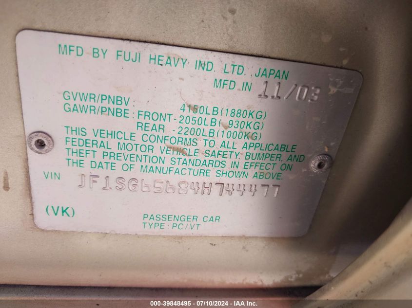 2004 Subaru Forester 2.5Xs VIN: JF1SG65684H744477 Lot: 39848495