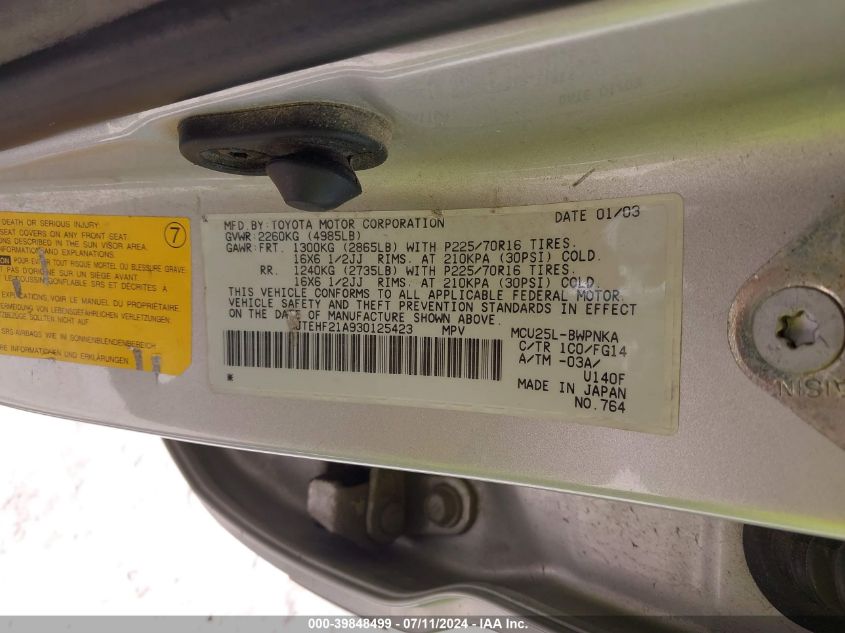 2003 Toyota Highlander V6 VIN: JTEHF21A930125423 Lot: 39848499