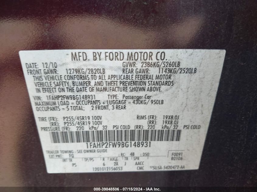 2011 Ford Taurus Limited VIN: 1FAHP2FW9BG148931 Lot: 39848506