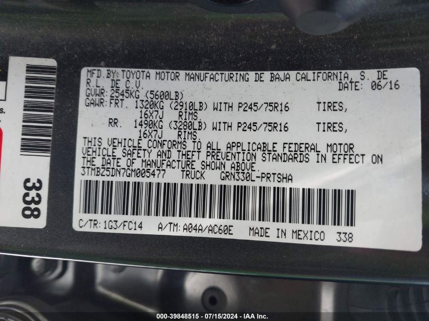 2016 Toyota Tacoma Sr5 VIN: 3TMBZ5DN7GM005477 Lot: 39848515