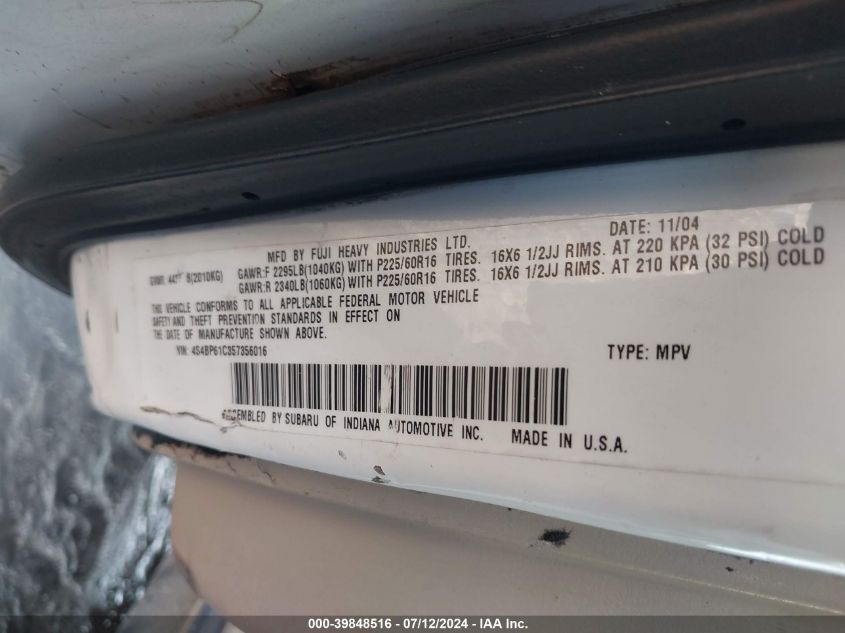 2005 Subaru Legacy Outback 2.5I VIN: 4S4BP61C357356016 Lot: 39848516