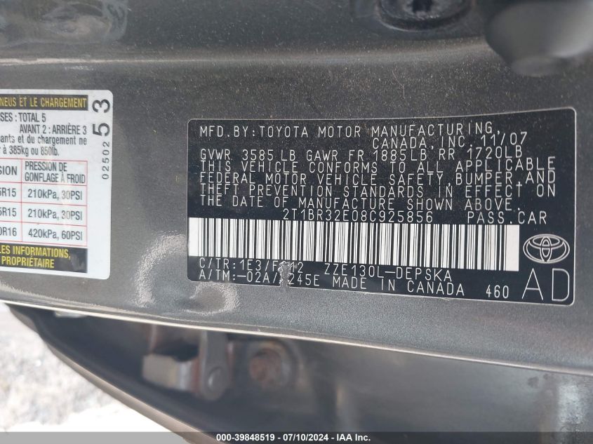 2008 Toyota Corolla S VIN: 2T1BR32E08C925856 Lot: 39848519