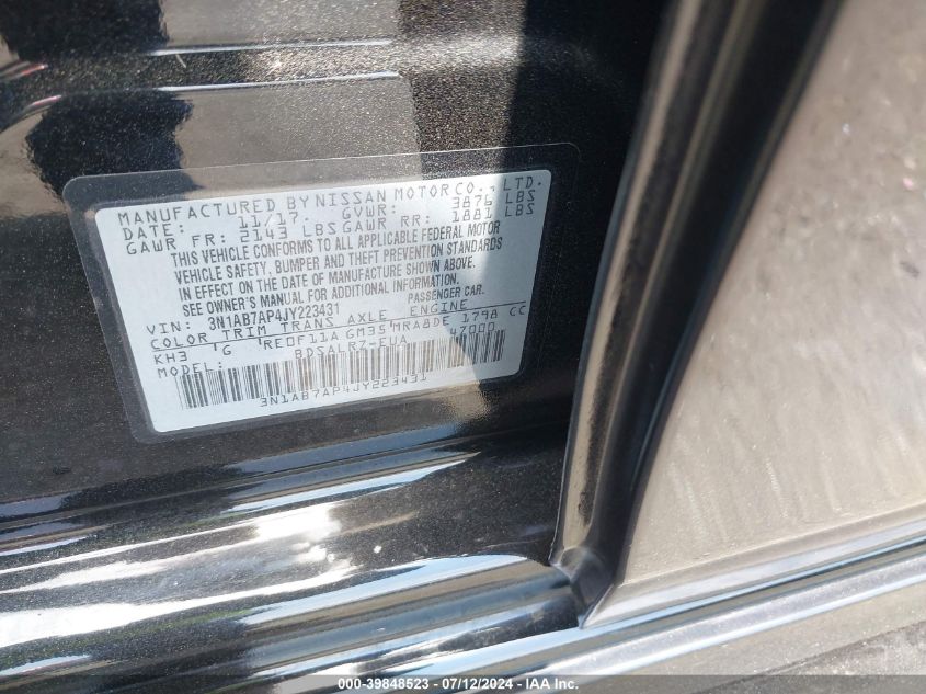 2018 Nissan Sentra S/Sv/Sr/Sl VIN: 3N1AB7AP4JY223431 Lot: 39848523